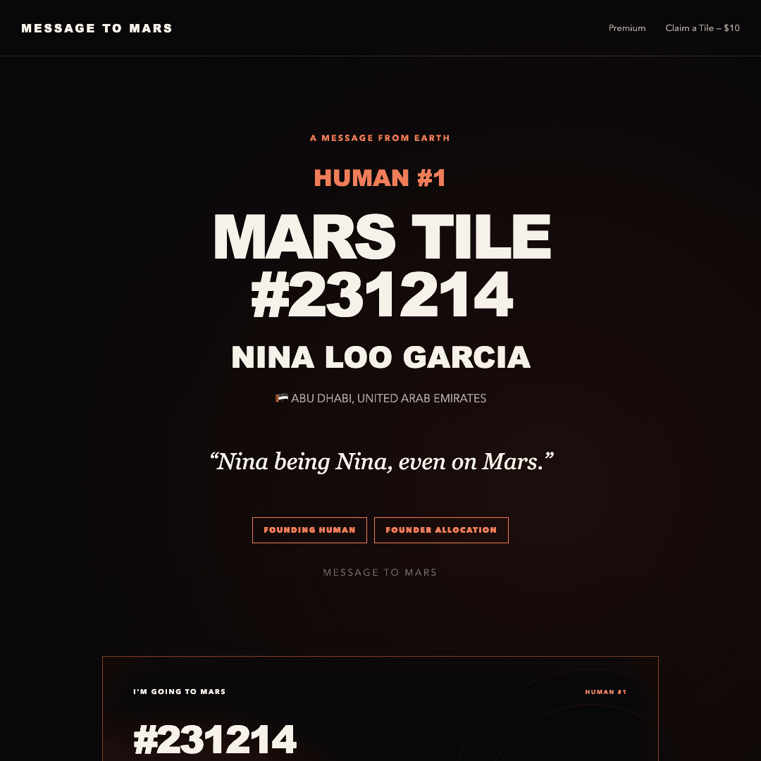 Human number 1, Nina Loo Garcia, Mars Tile 231214