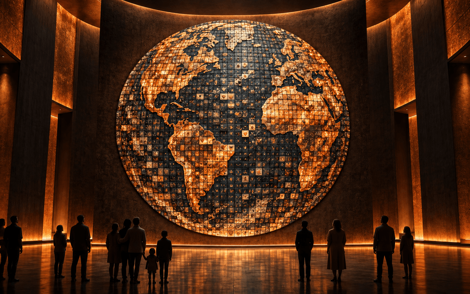 Artistic concept of individual Mars Tiles forming a luminous Earth Mosaic
